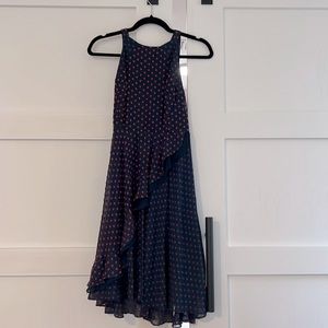 blue red embroidered dot dress. adorable ruffle in the front and back cut out